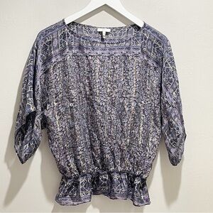 JOIE Women’s Purple Gold Stripe Silk Kimono Sleeve MARCANA Blouse Peplum Size XS